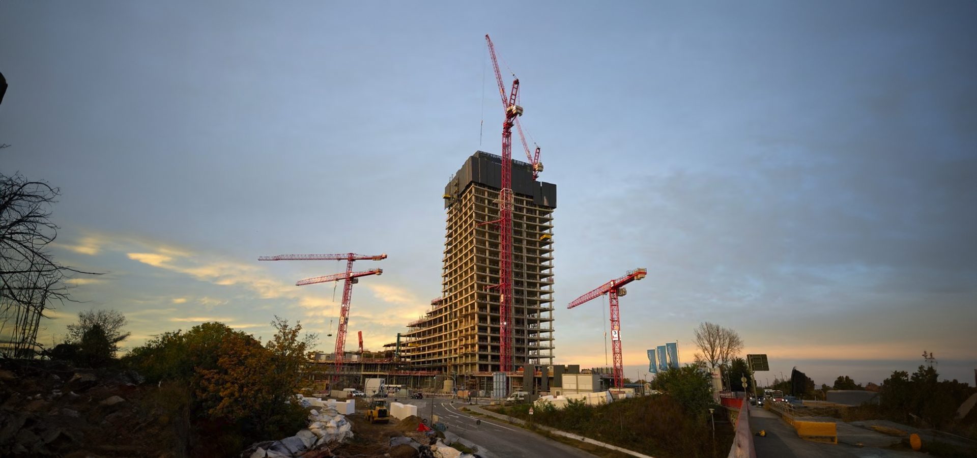Road surface, Tower block, Sky, Cloud, Skyscraper, Building, Plant, Infrastructure, Tree