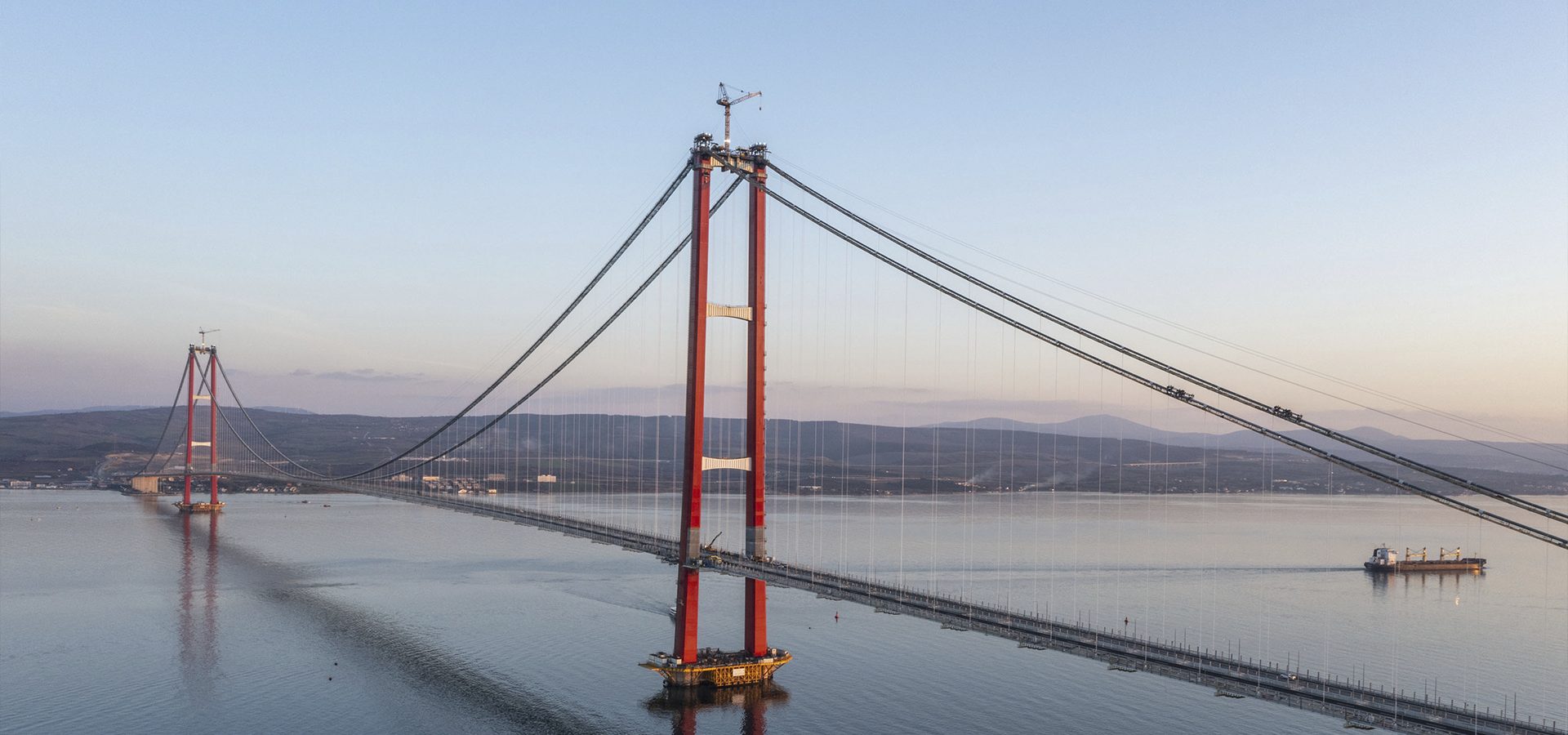 Suspension bridge, Water, Sky, Lake, Dusk