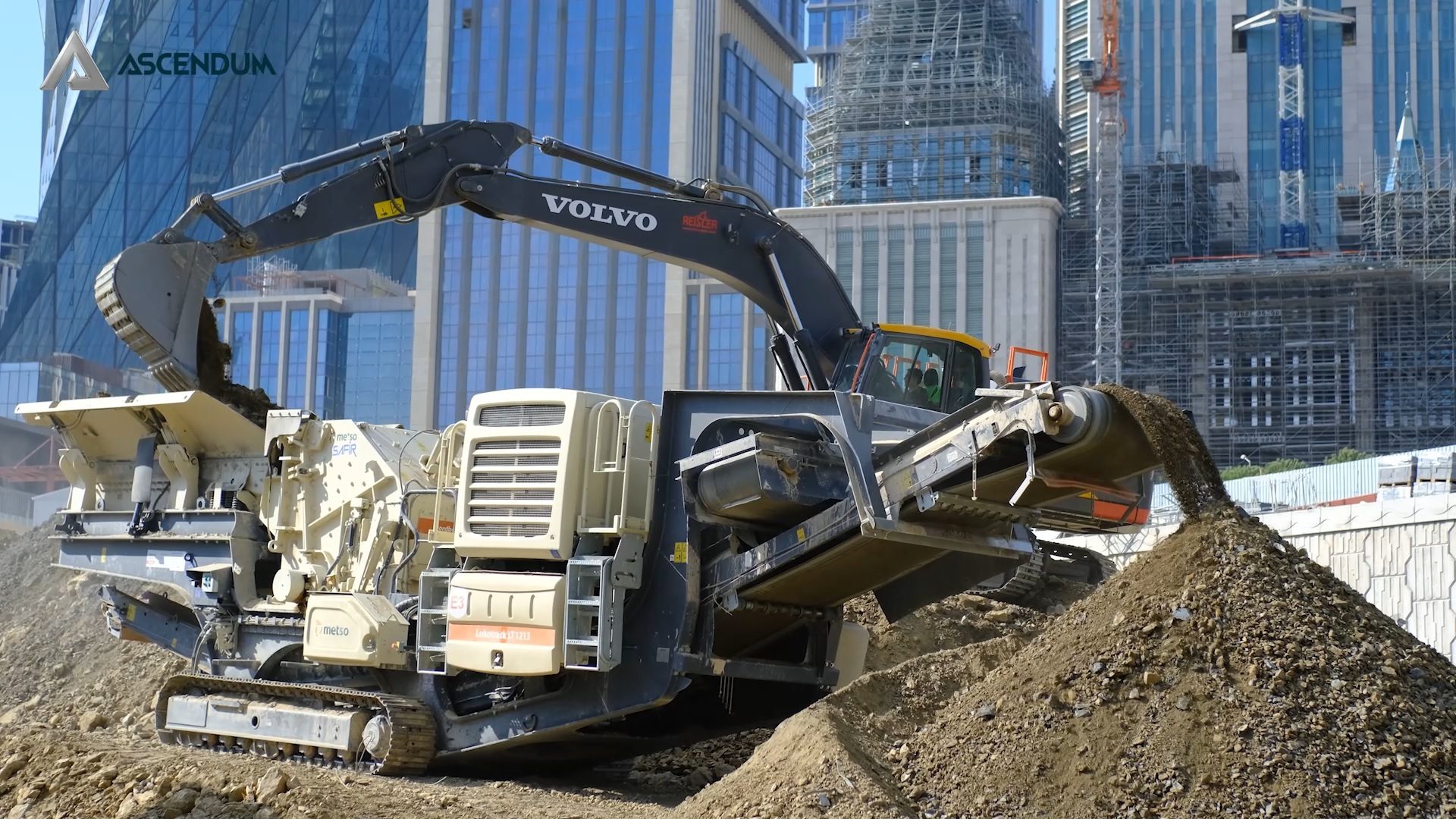 Automotive tire, Motor vehicle, Building, Asphalt, Bulldozer