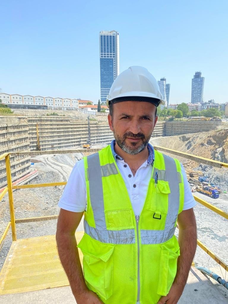 Hard hat, High-visibility clothing, Sky, Building, Helmet, Workwear, Sleeve, Engineer, Beard, Asphalt