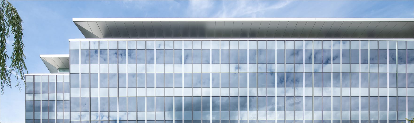Detail of a post modern building&#x27;s rows of windows reflecting clouds