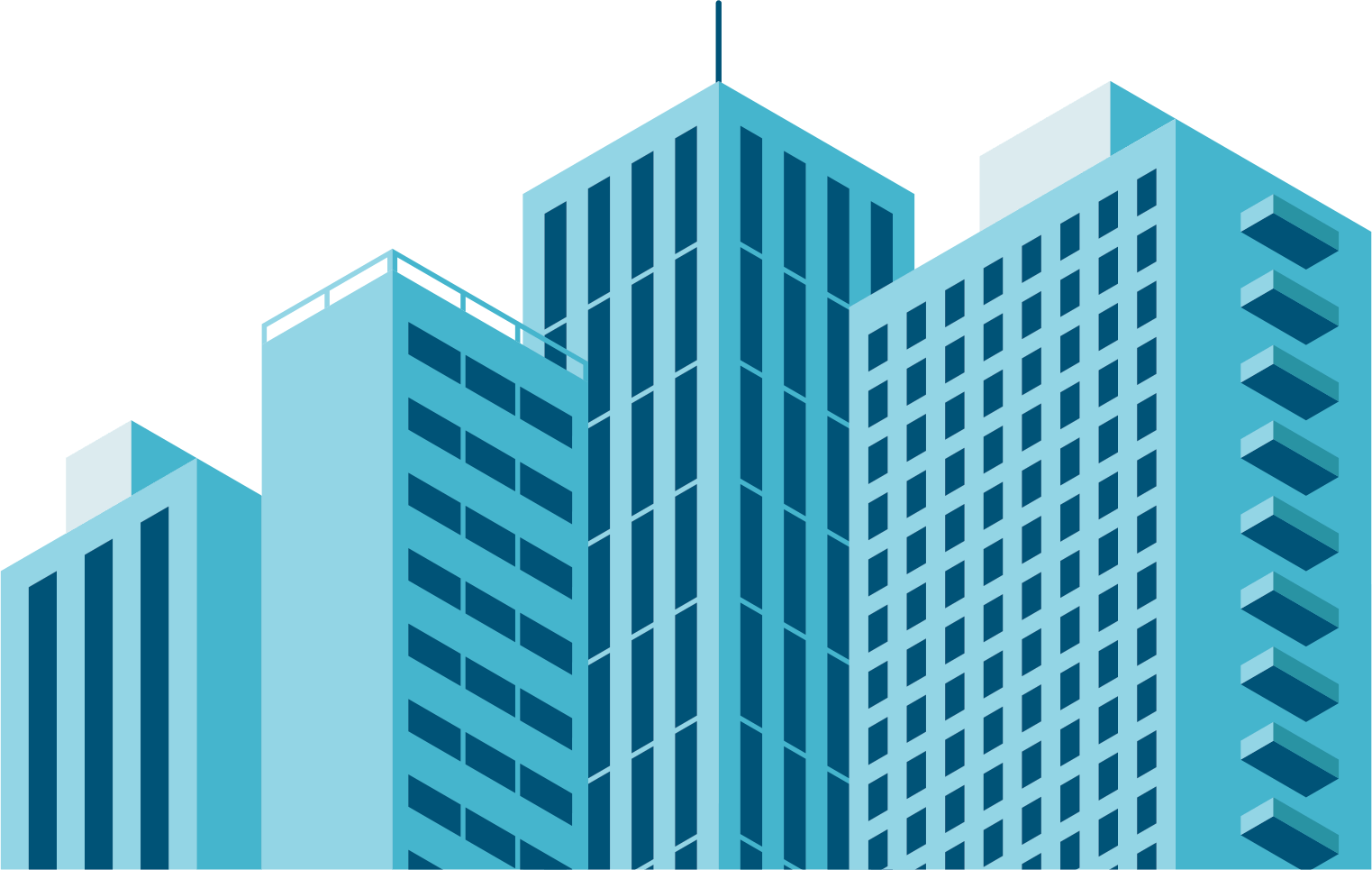 Illustration of blue isometric commercial buildings.