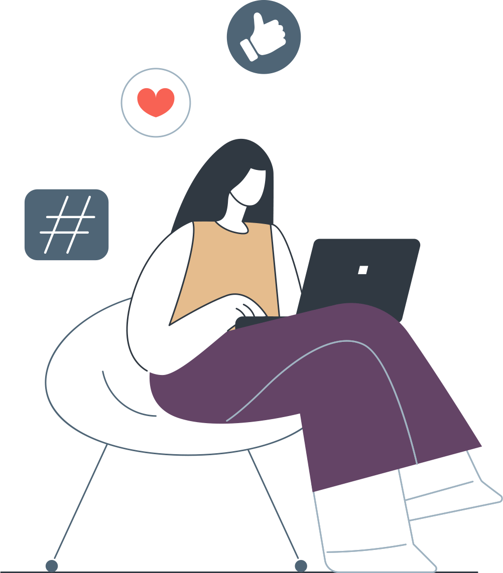 graphic of woman in chair looking a social media on laptop