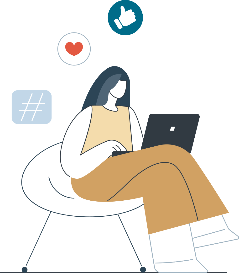 Illustrated woman in tan pant ensemble with a laptop on her crossed legs.