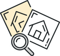 icon of a magnifying glass and two house images