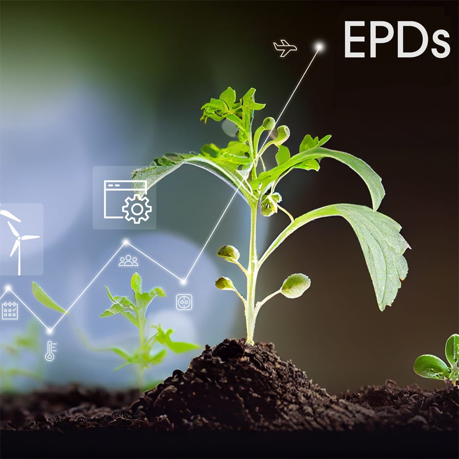Plant in soil with digital graph, environmental icons, and "EPDs" text.