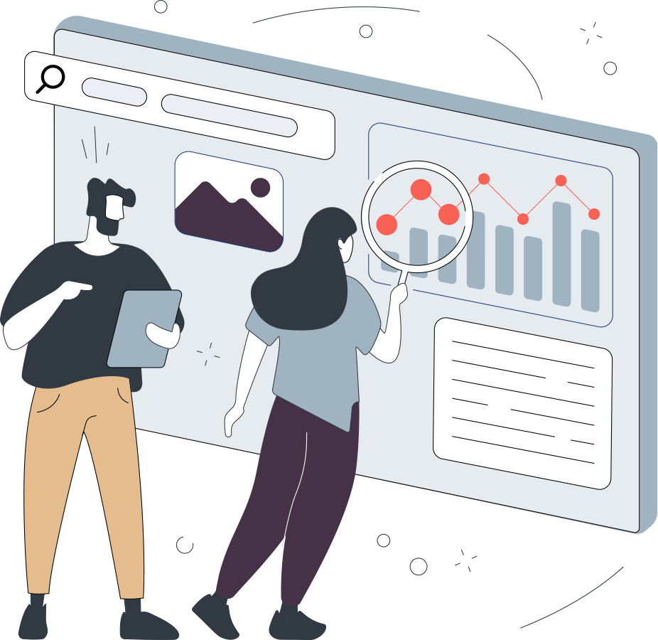 graphic of couple in front of a board of analytics