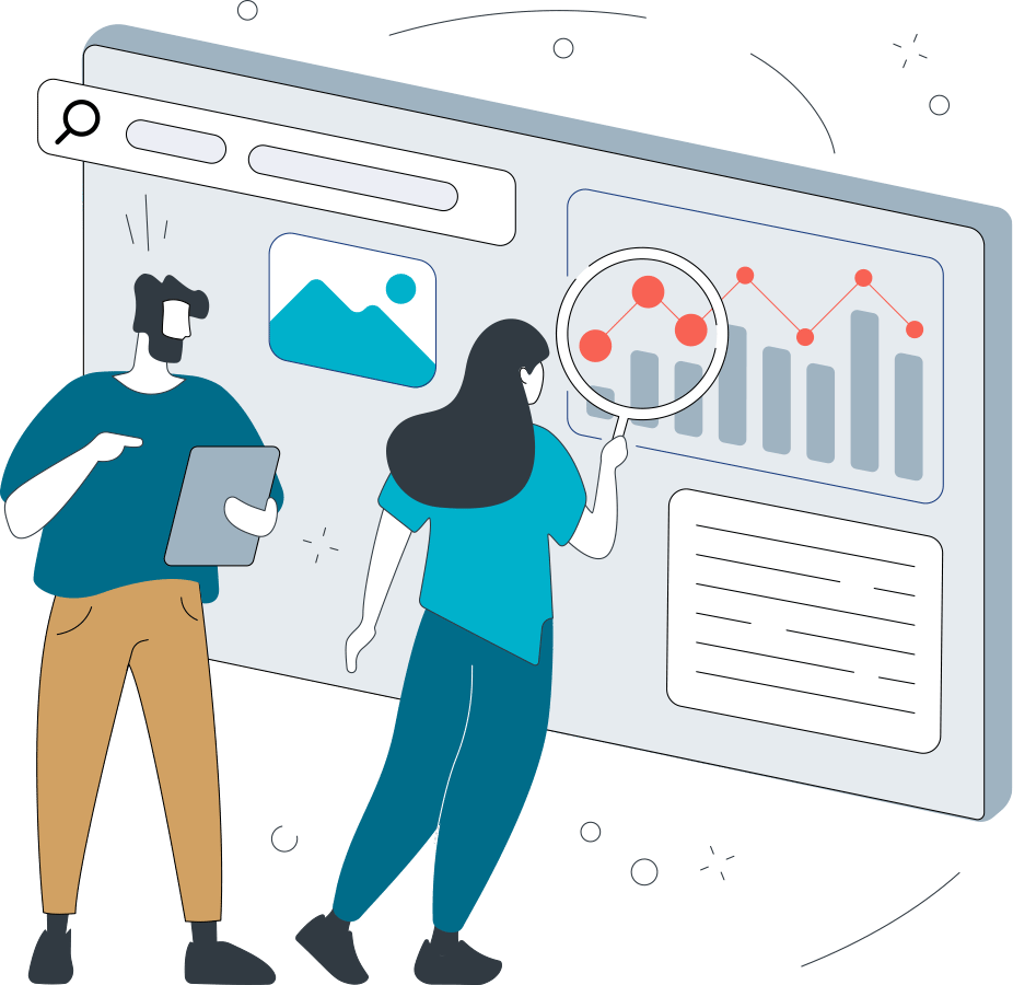 Illustrated couple in front of a lifesize webpage doing research.