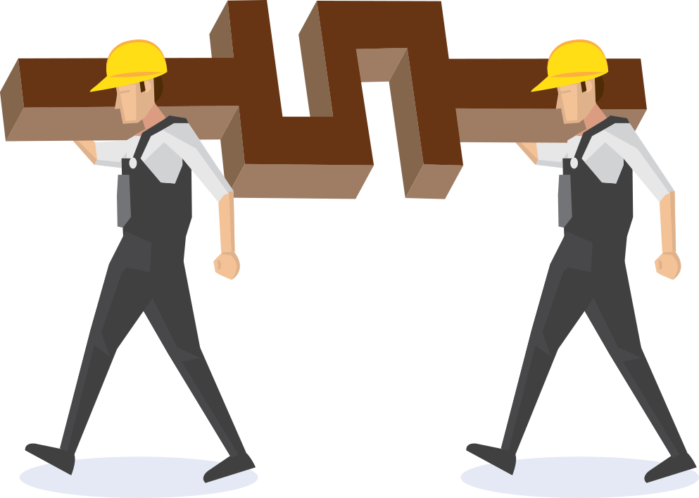 two workers in hard hats carrying a wooden dollar sign