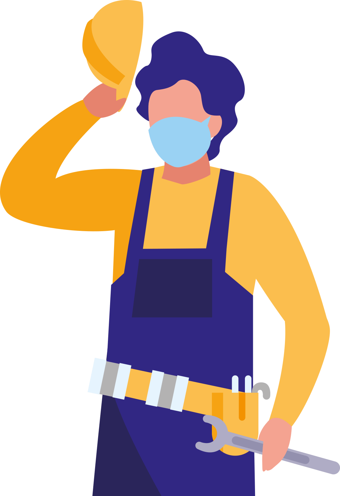construction worker wearing mask and toolbelt taking off hardhat