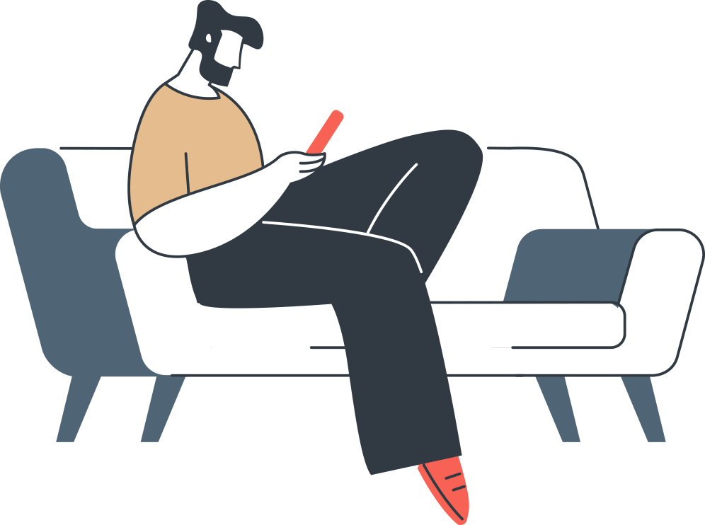 male identifying homeowner on couch looking at phone