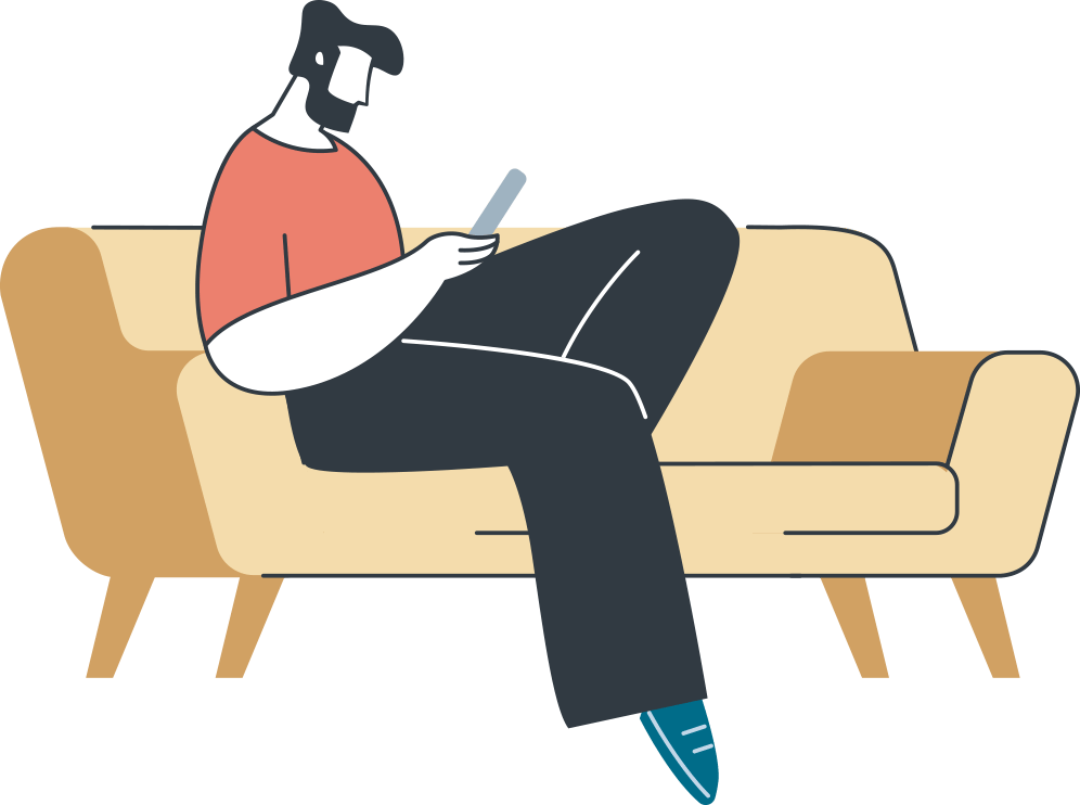 Illustrated man looking at mobile device on a couch.