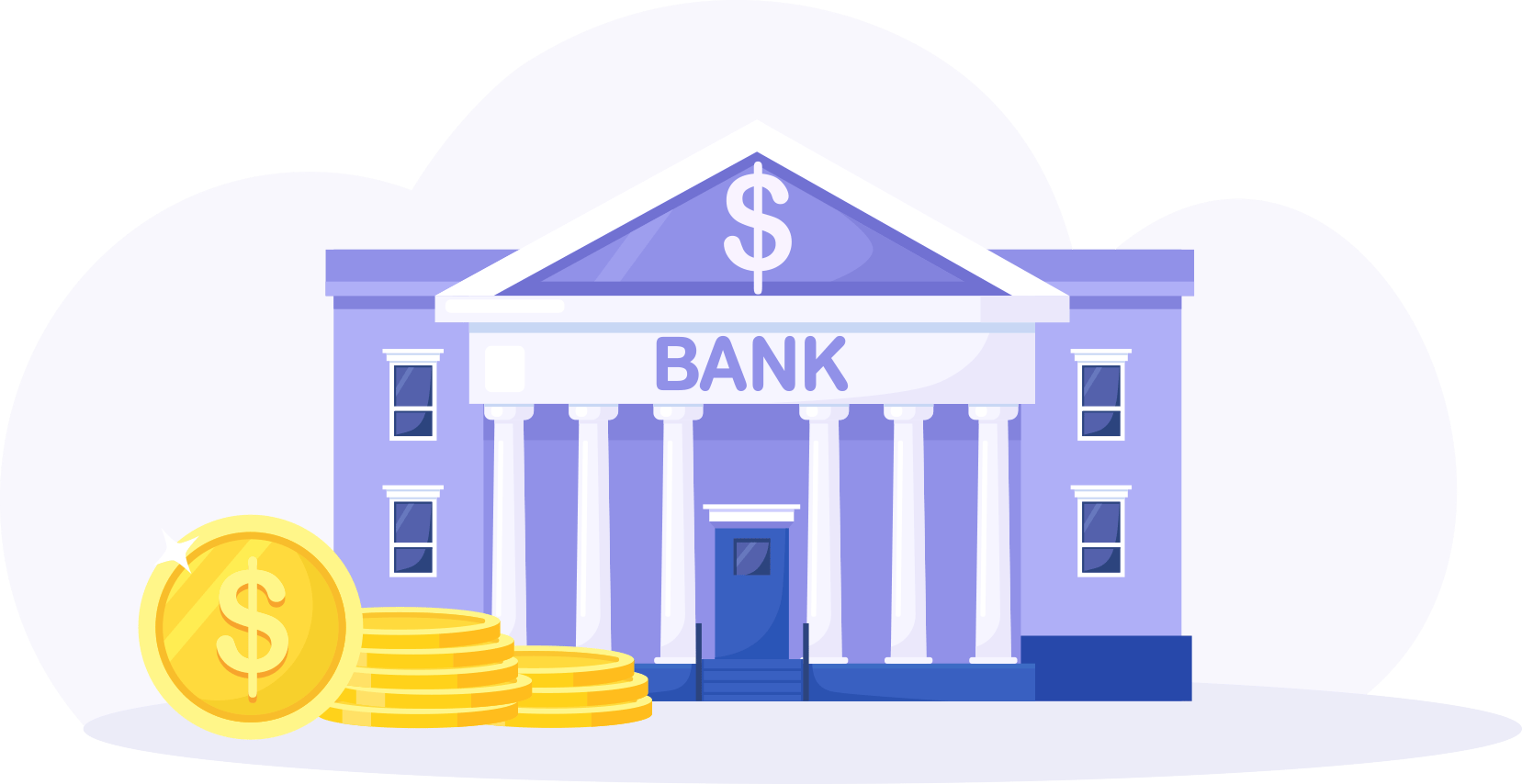 illustration of a bank with coins in foreground