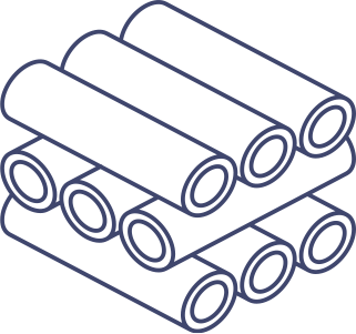 Purple outline icon of stacked pipes.