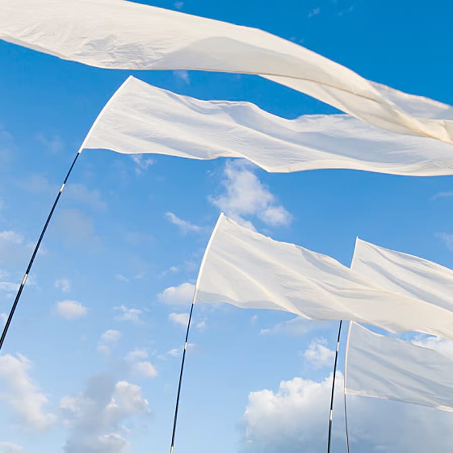 Group of white flags blowing in the wind under a blue sky.
