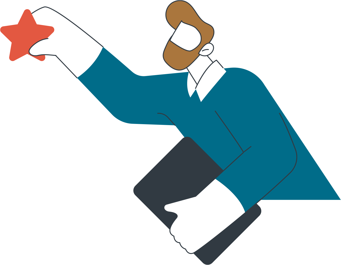 Illustrated man in blue sweater holding a tablet and holding up an orange star for a rating.