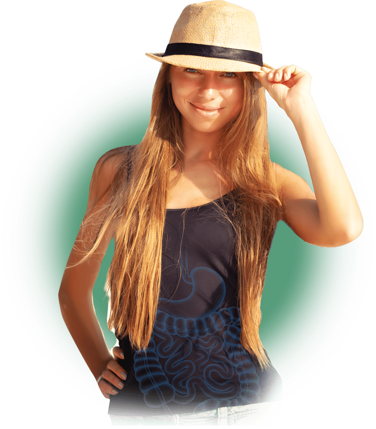 Woman with long hair and fedora with gut illustration overlaying her tank top