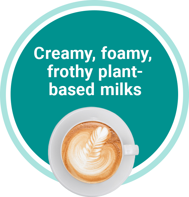 graphic of pat of creamy plant-based milk pattern in coffee over an aqua circle