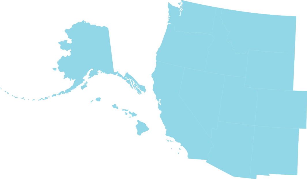 Light blue graphic of western states including Alaska and Hawai'i.