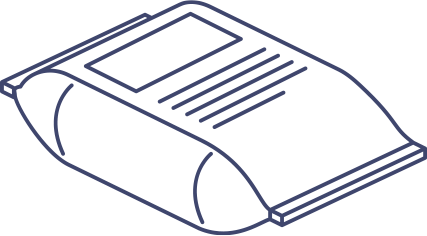 Outline icon of a sealed, flexible package or pouch with a rectangular label.