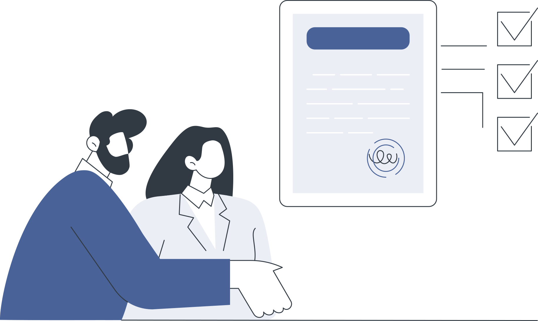 couple in front of a service agreement reaching out to shake contractor hand