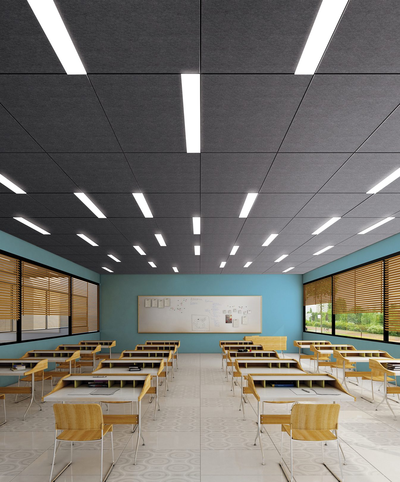 Interior design of a turquoise and light wood classroom with felt ceiling system.