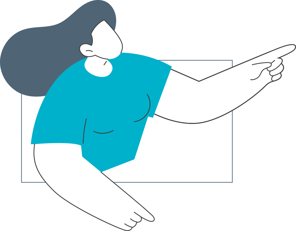 Illustration of woman in blue shirt pointing up.