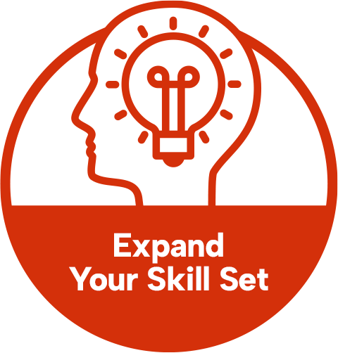 Red and white badge with a lightbulb in a head icon reading Expand Your Skill Set.