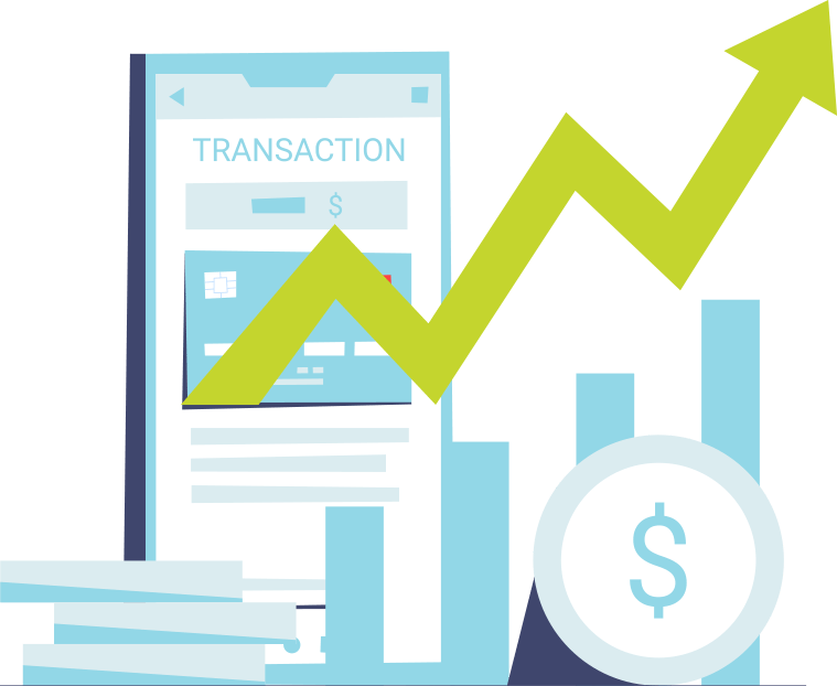 Graphic illustration of a phone transaction, currency and an upward trending bar graph to represent estimating software.
