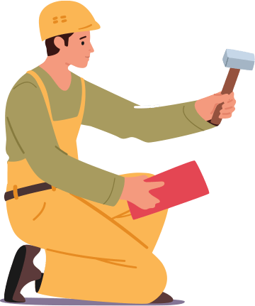worker in overalls and hard hat holding a shingle and a mallet