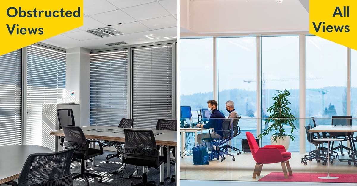 Comparison of two office interiors with and without window treatments