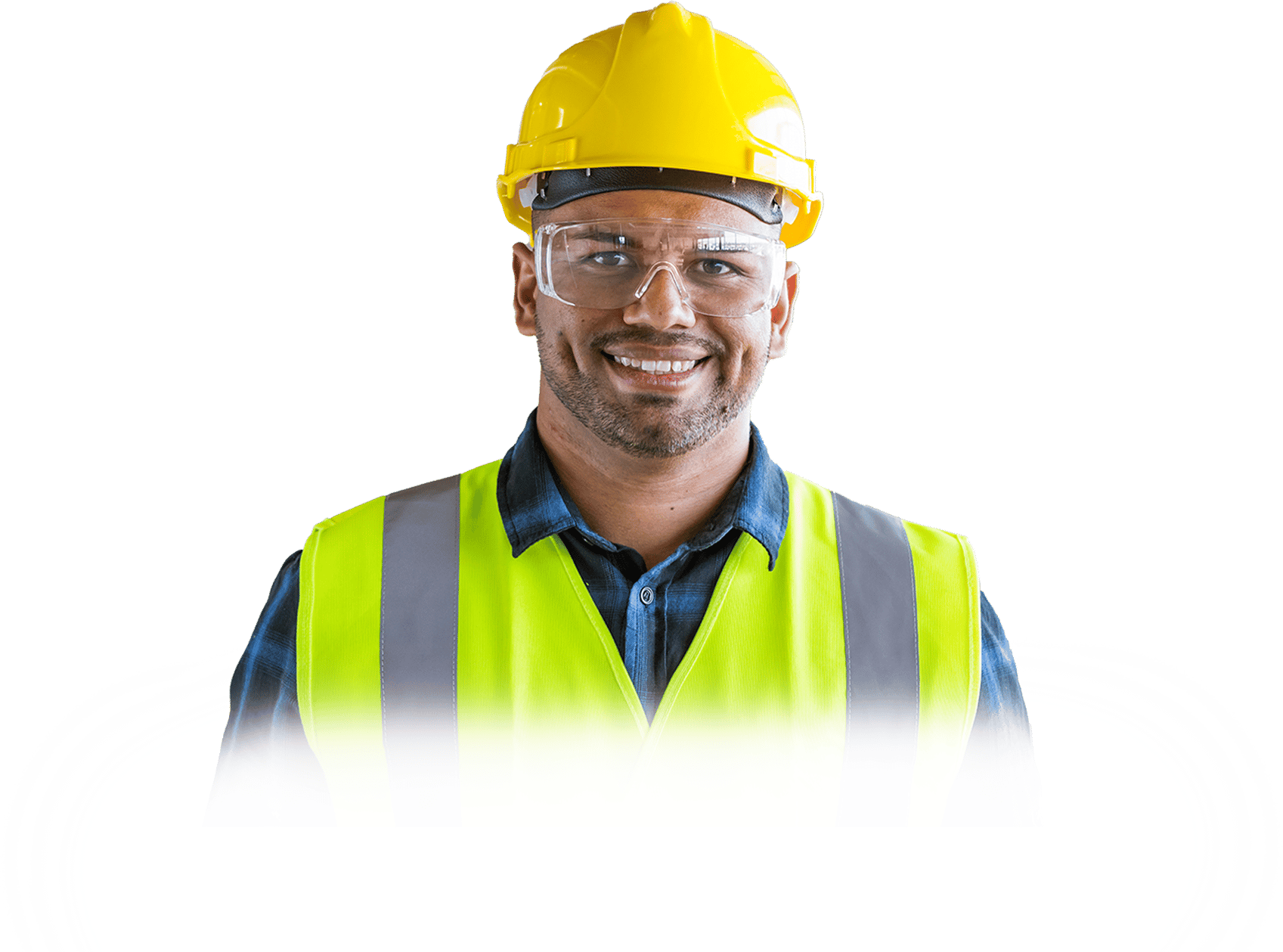 Cut out image of a smiling male construction worker in safety vest and hard hat