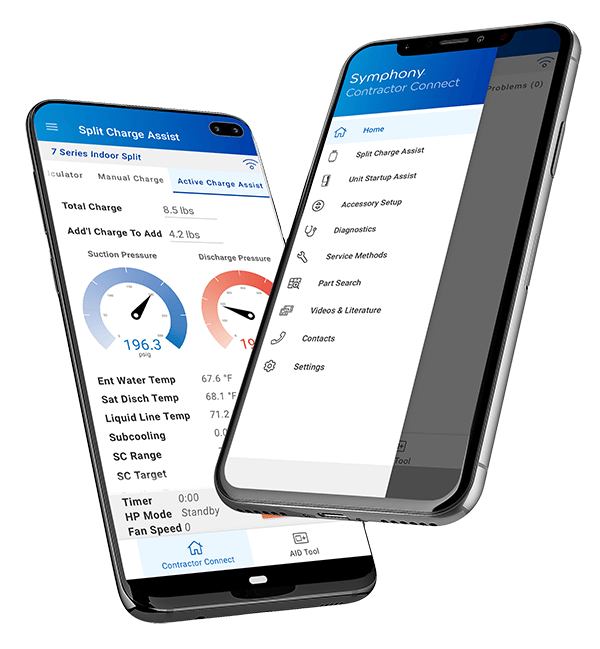Symphony Contractor Connect screens on two mobile devices