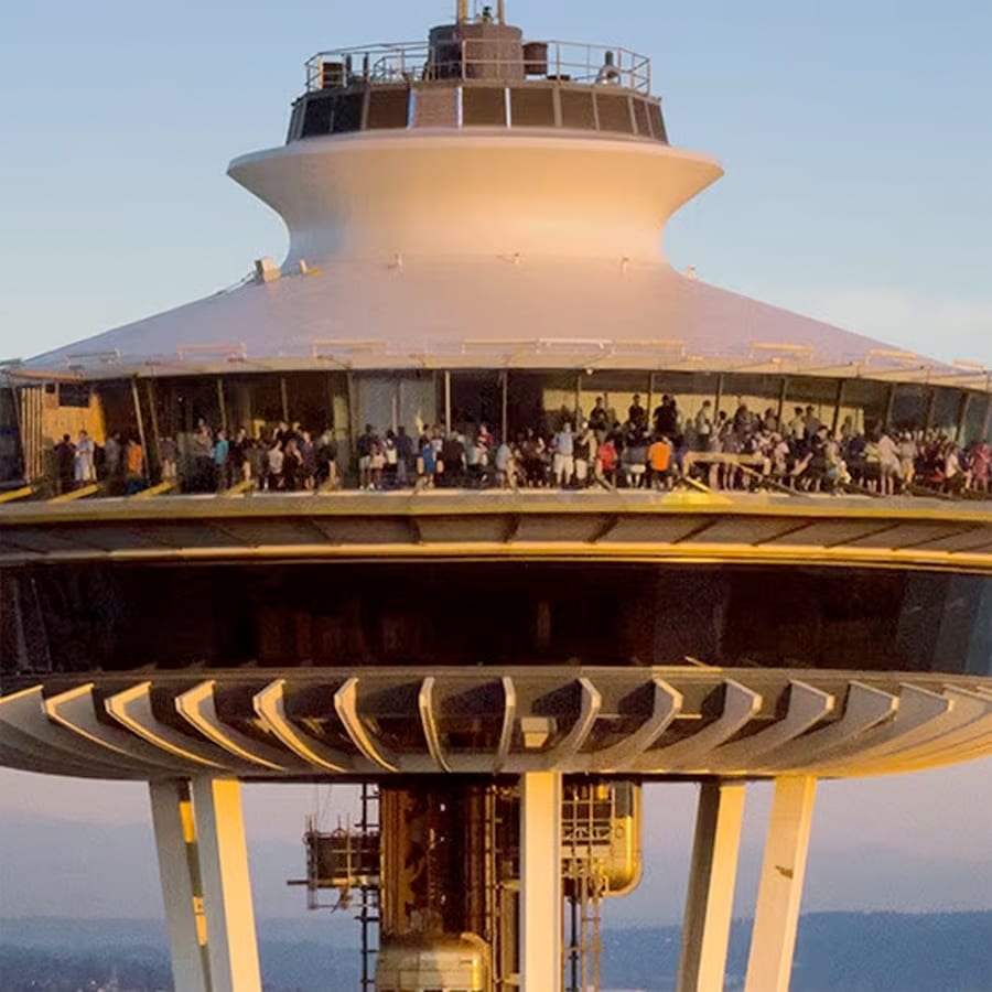 Close view of top of the Space Needle in Seattle.