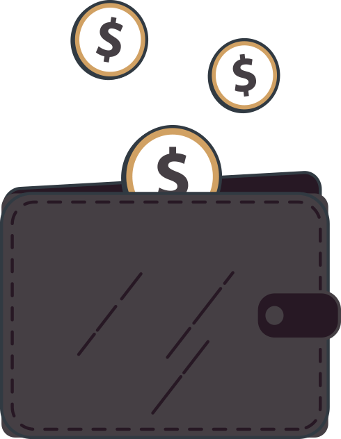 Coins falling into a dark colored wallet.