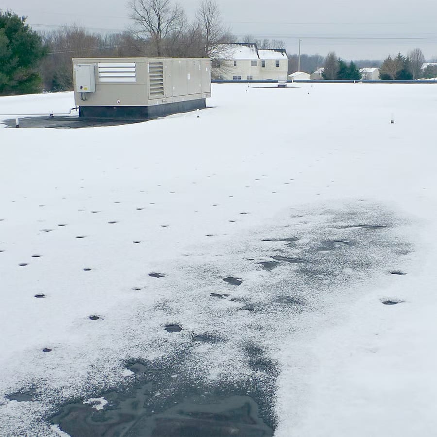 snow partially melting on a commercial roof