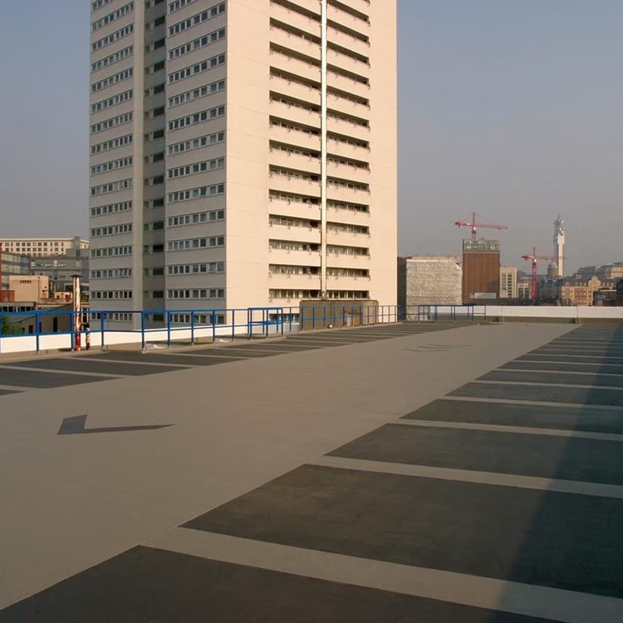 Traffic coating on parking rooftop.