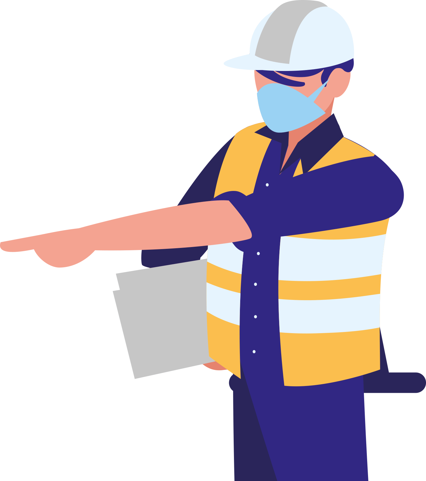 construction working wearing mask, hardhat and vest while pointing