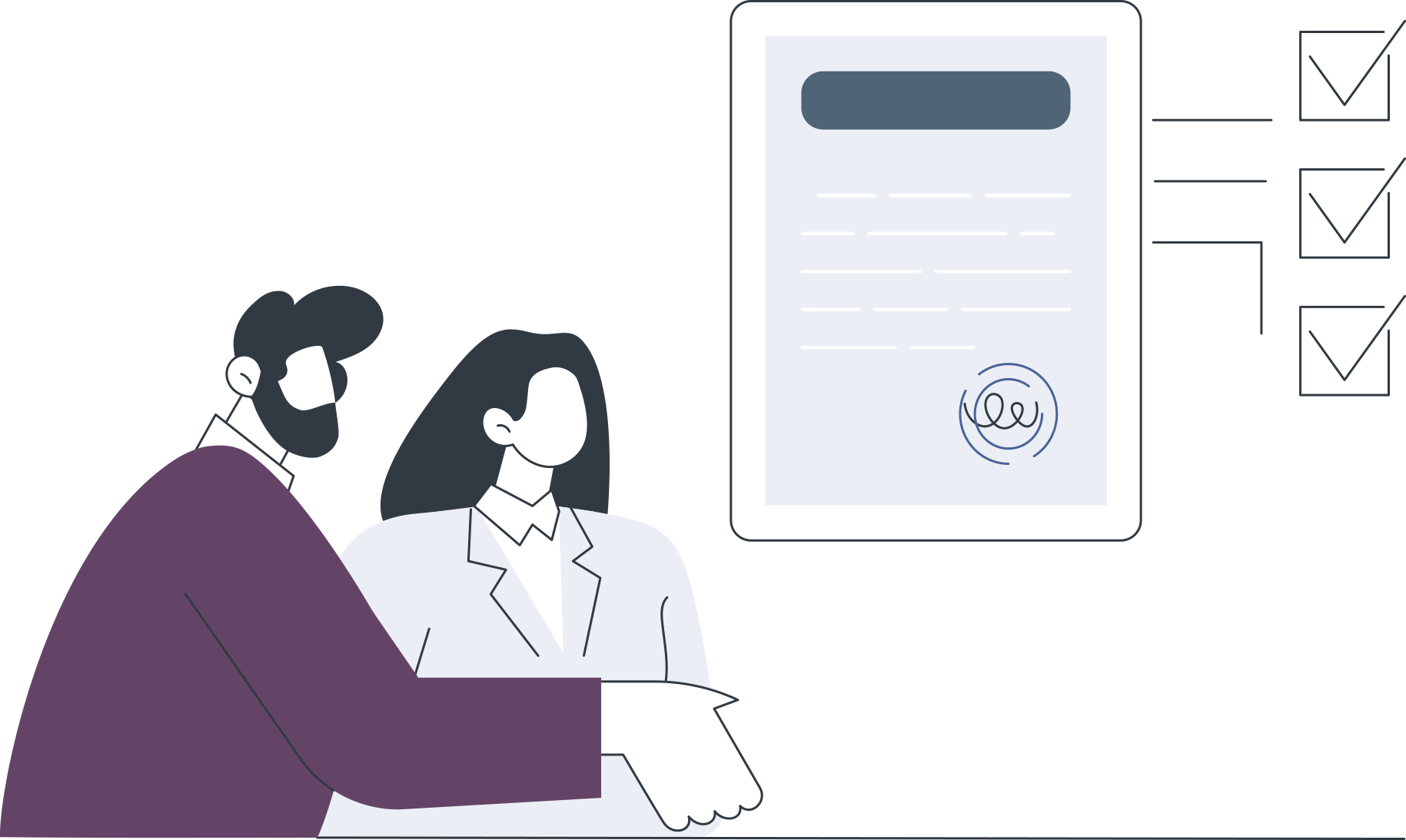 couple in front of a service agreement reaching out to shake contractor hand