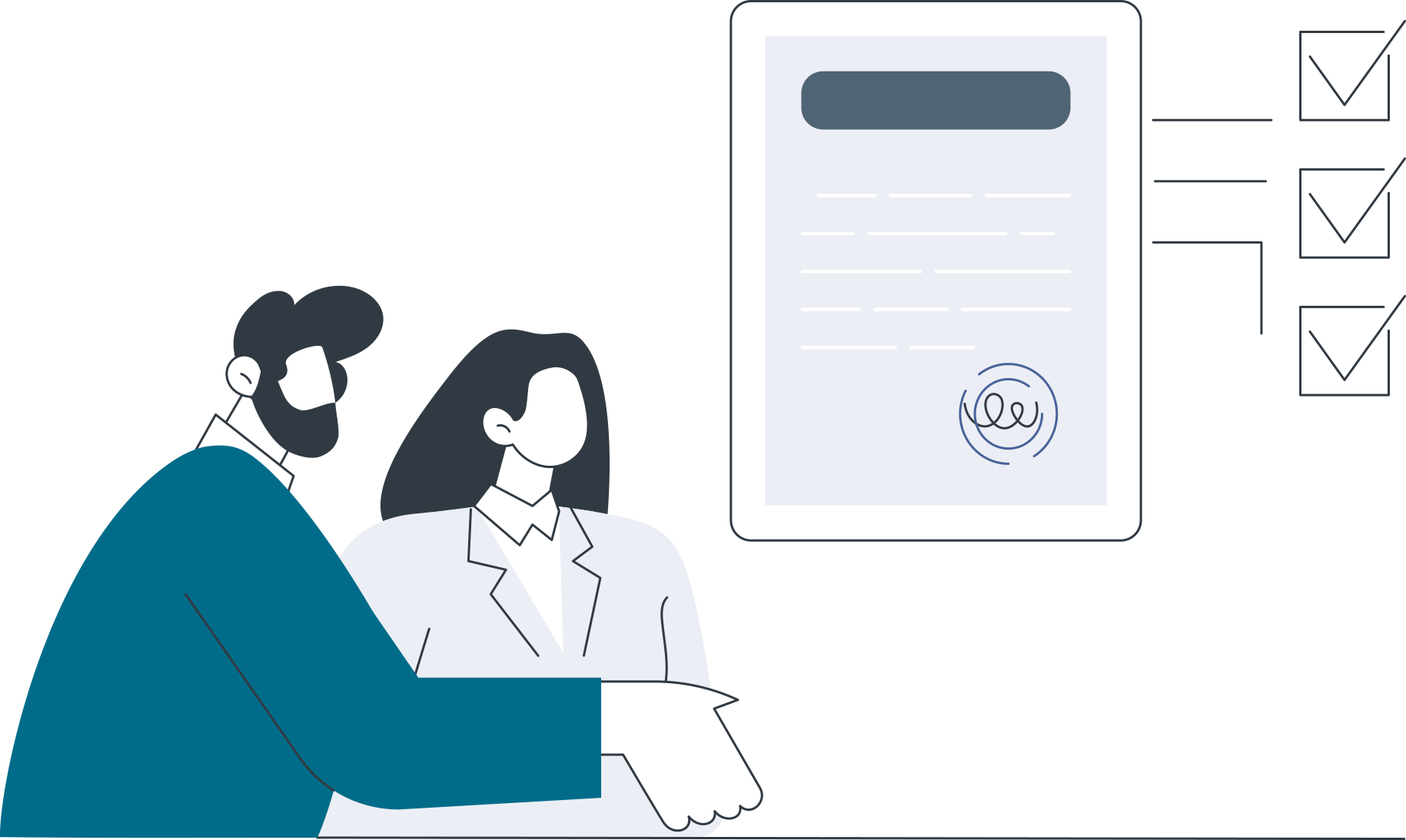 Illustrated couple in front of a contract with man's arm reaching out to shake a hand.
