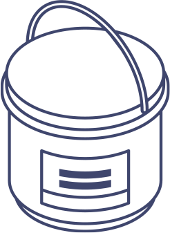 Outline of a coatings or paint bucket with a handle and a label.