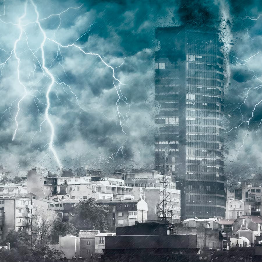 Dramatic photo illustration of a powerful storm over a cityscape.