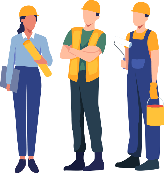 construction engineer, and two workers standing next to each other 