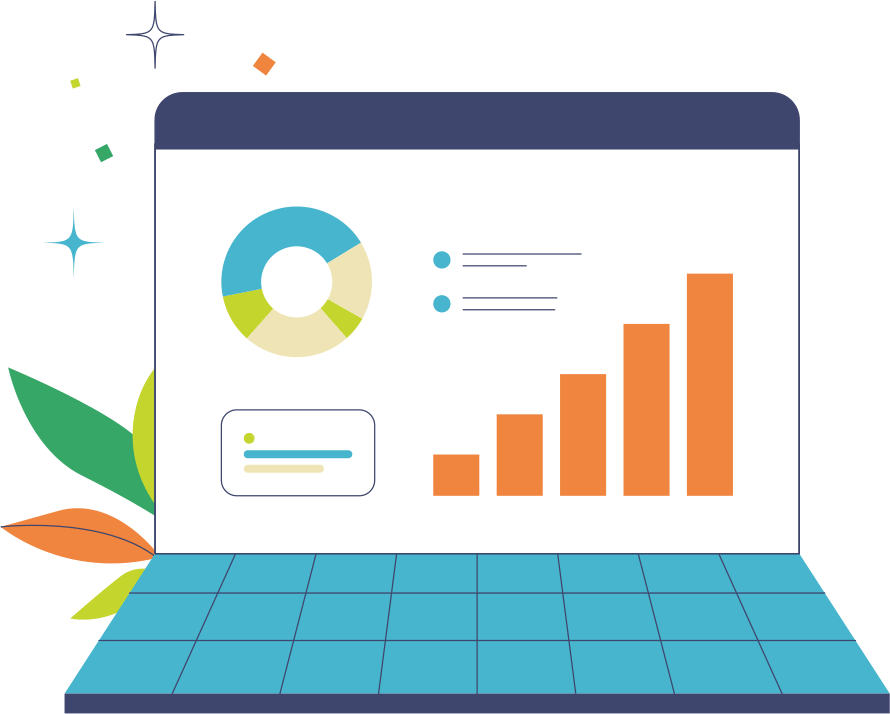 Stylized laptop with screen showing charts and data to represent enterprise and accounting software.