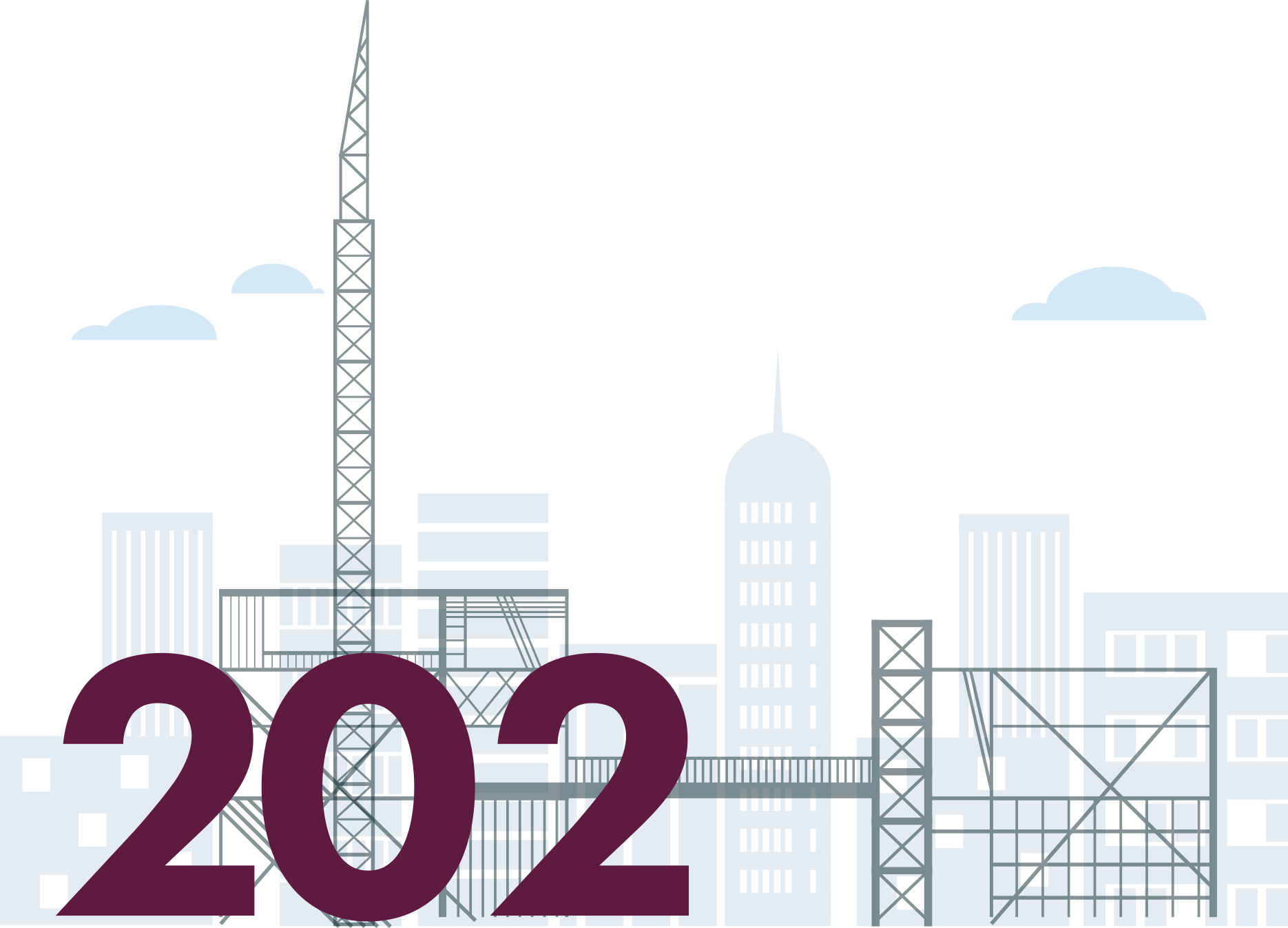 grey skyline with giant purple numbers 202 in foreground