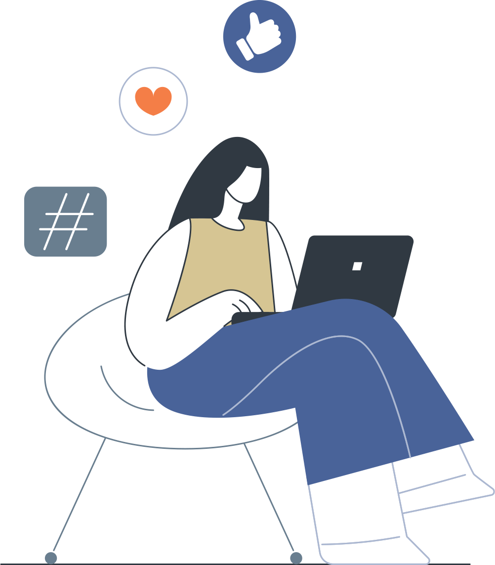 graphic of woman in chair looking a social media on laptop