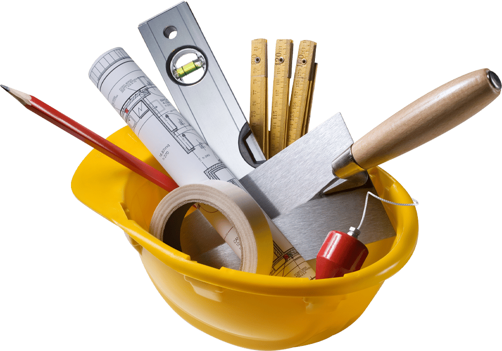 Yellow hard hat full of contractor tools.