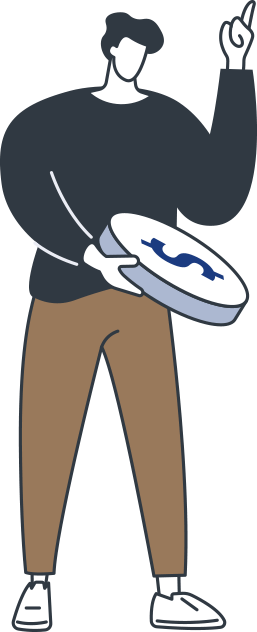 male identifying graphic holding a giant coin