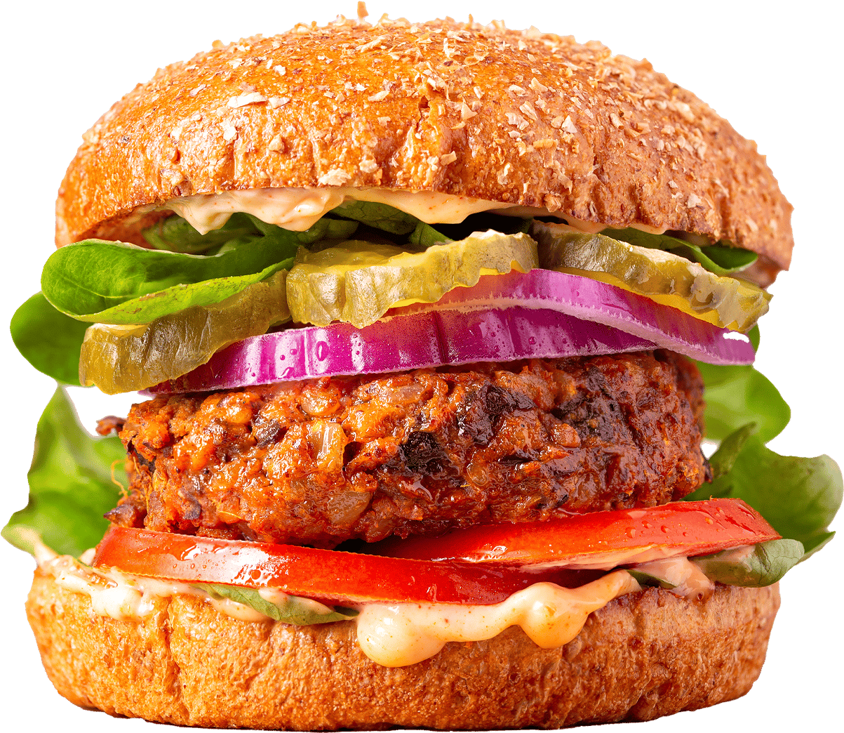 Plant-based burger on a multigrain bun with fresh and delicious toppings