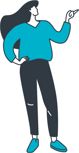 Illustrated woman in a blue sweater pointing up.